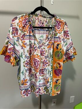 Philosophy Vibrant Paisley Ruffle-Sleeve Blouse in White, Orange, Purple